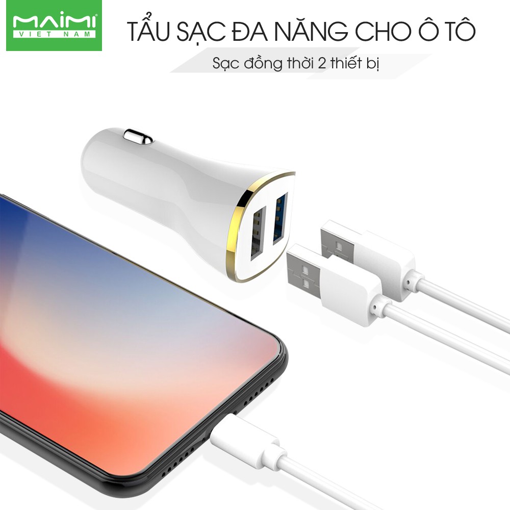 Tẩu sạc ô tô MAIMI T5 gồm tẩu sạc và cáp sạc 2 cổng USB sạc nhanh cho iPhone Samsung OPPO VIVO HUAWEI XIAOMI sạc xe hơi