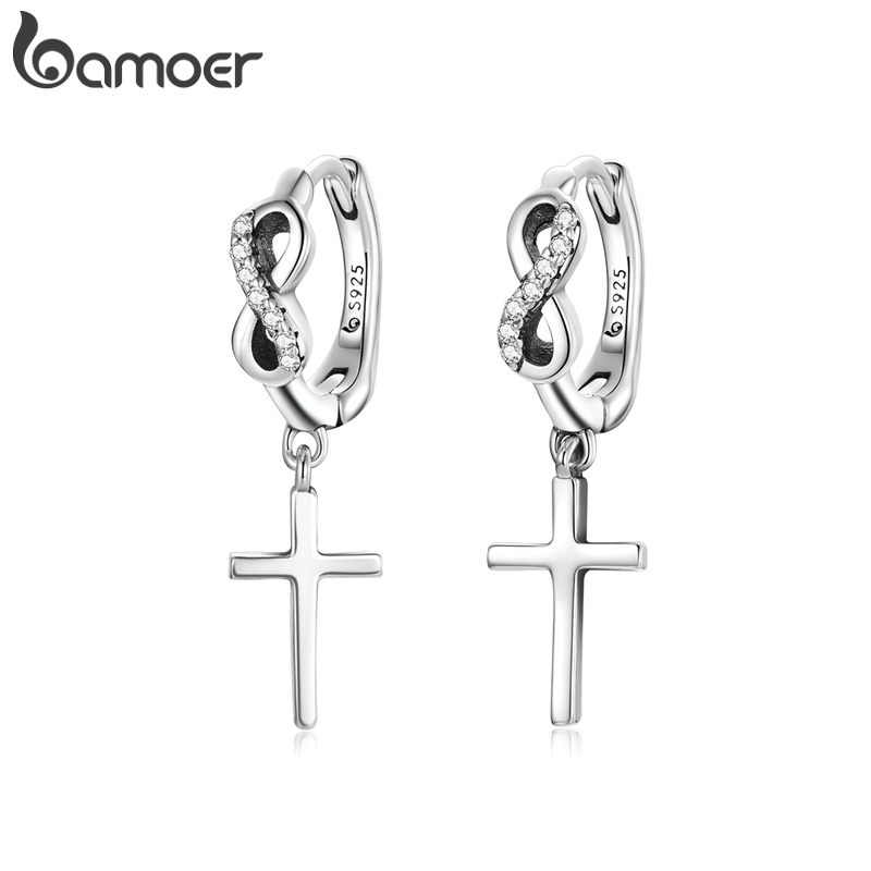 Hoa Tai Bamoer Bạc 925 BSE474 Hình Chữ Thập Zircon Cổ Điển Cho Nữ Và Bé Gái