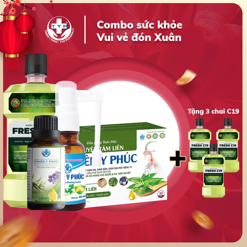 Combo 4 Nước súc miệng Fresh C19 250ml + Xuyên Tâm Liên 30 viên+ Tinh dầu xông 30ml+Dung dịch xịt họng Thiên Y Phúc 30ml