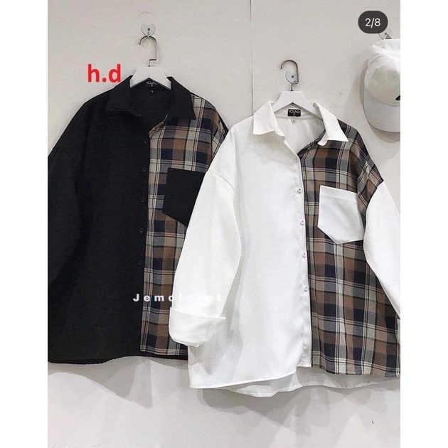 Áo Sơ Mi Phối Caro Kẻ Nâu NữThun dài tay form rộng phong cách đường phố vintage cá tính UlzzangThời trang công sở