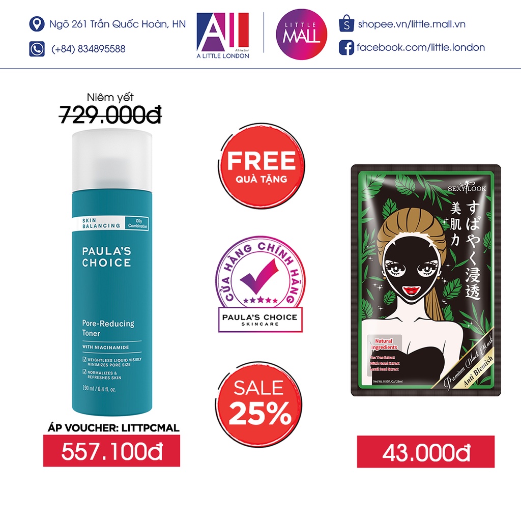 Toner da dầu, lỗ chân lông to Paula's Choice skin balancing pore reducing toner 190ml TẶNG mặt nạ Sexylook (Nhập khẩu)