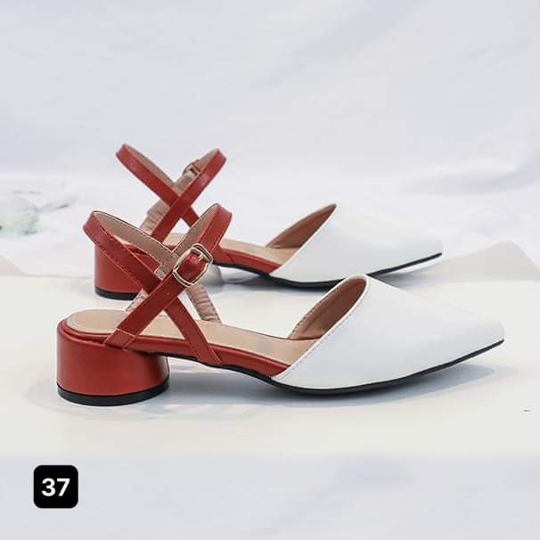 (Ảnh thật) Giày cao gót nữ đẹp 5cm, mũi nhọn quai chéo, phối màu đỏ trắng, xám trắng Dily chính hãng