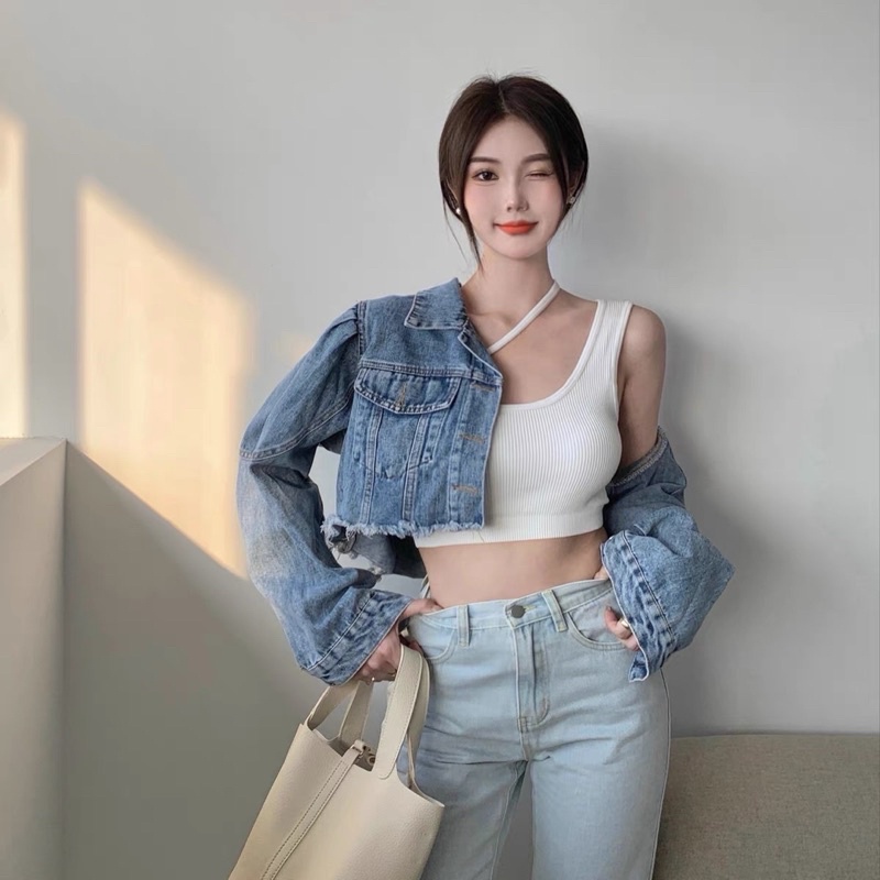 Áo kiểu croptop không tay dây một bên vai ôm dáng có đệm ngực thời trang thường ngày cơ bản cho nữ