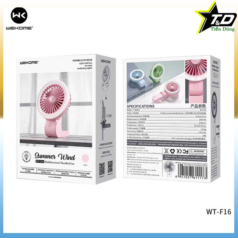 Quạt cầm tay WK DESIGN WT F16 pin 500mAh- Quạt mini có chân gập được 270 độ gọn nhẹ dễ mang đi