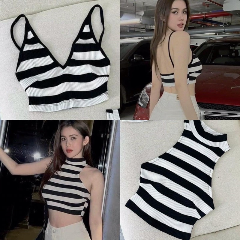 Áo 3 lỗ cổ cao sọc đen trắng from croptop gân tăm co giãn ôm body