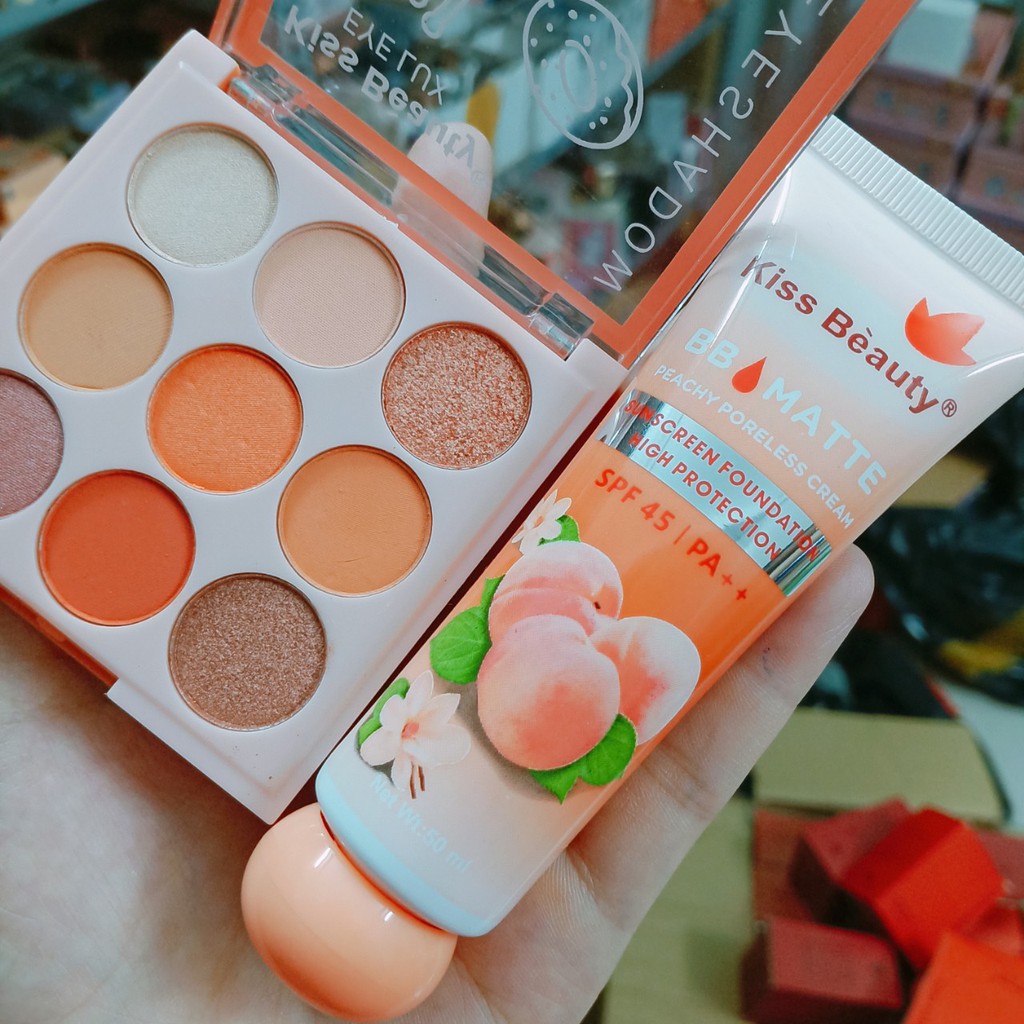 Combo lót đào + phấn phủ đào + phấn mắt kiss beauty 9 ô tròn siêu xinh