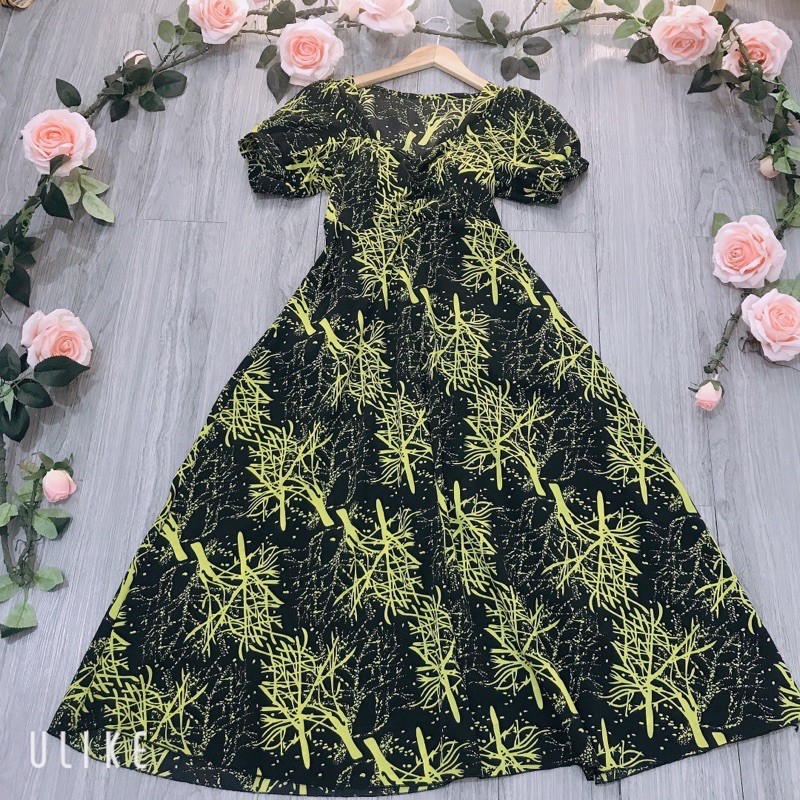 Đầm váy maxi tay phồng nhún có mút ngực