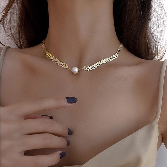 Vòng cổ Hình Lá Đính Ngọc Trai Phong Cách hip hop Hàn Quốc Cho Nữ