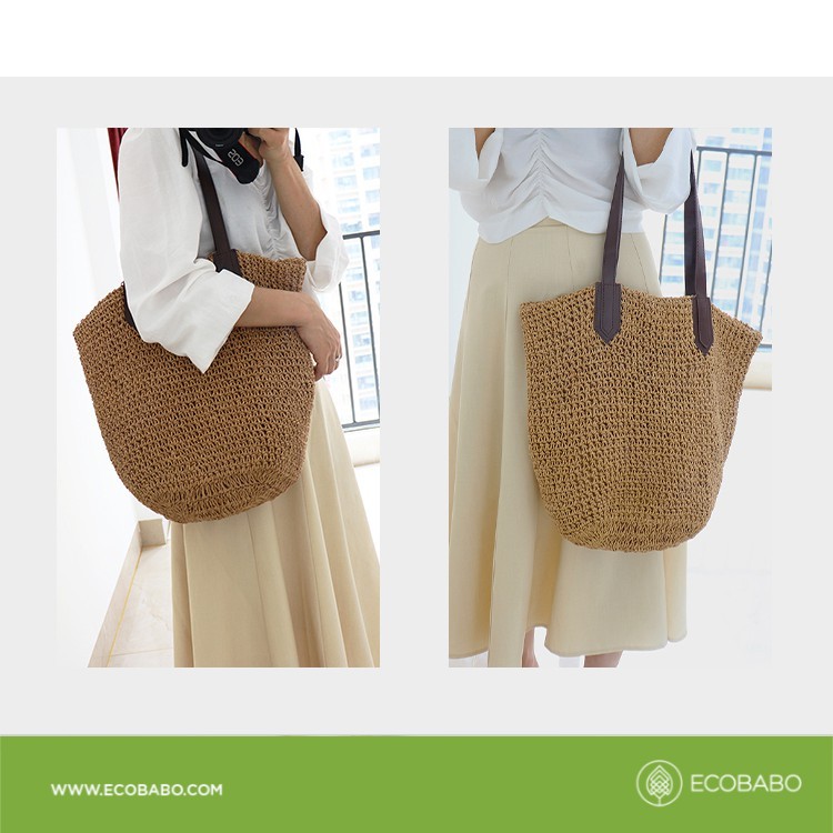 Túi cói phối dây da khổ lớn vintage đan thủ công Ecobabo