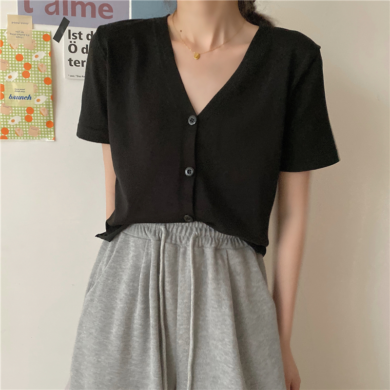 Áo Cardigan Dệt Kim Màu Trơn Dáng Rộng Tay Ngắn Cổ Chữ V Có 5 Màu Cho Nữ