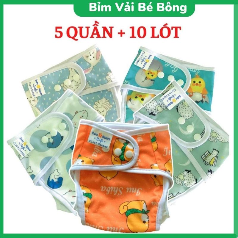 [ƯU ĐÃI] - [5 QUẦN+10 LÓT] Combo 5 Bộ Bỉm Vải Babu Nature Chống Hăm, Chống Tràn Cho Bé - Size M,L