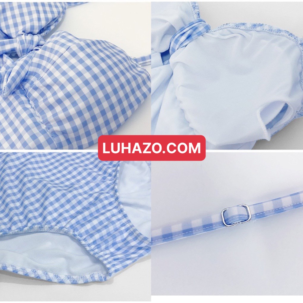 Bikini 1 mảnh đồ bơi nữ đi biển liền thân hở lưng che bụng 2 dây kẻ caro thắt nơ kín đáo Hàn Quốc nâng ngực 2393 dk2t301