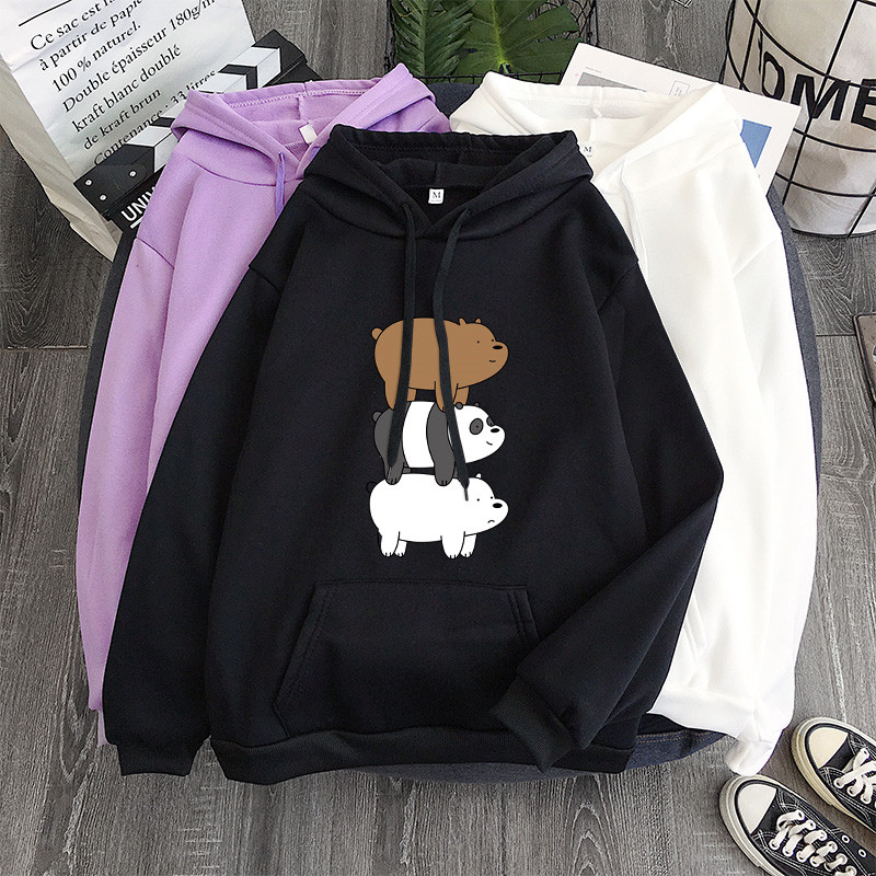 Áo Khoác Hoodie Cotton Dày Dáng Rộng In Họa Tiết We Bare Bears Thời Trang Cho Nữ