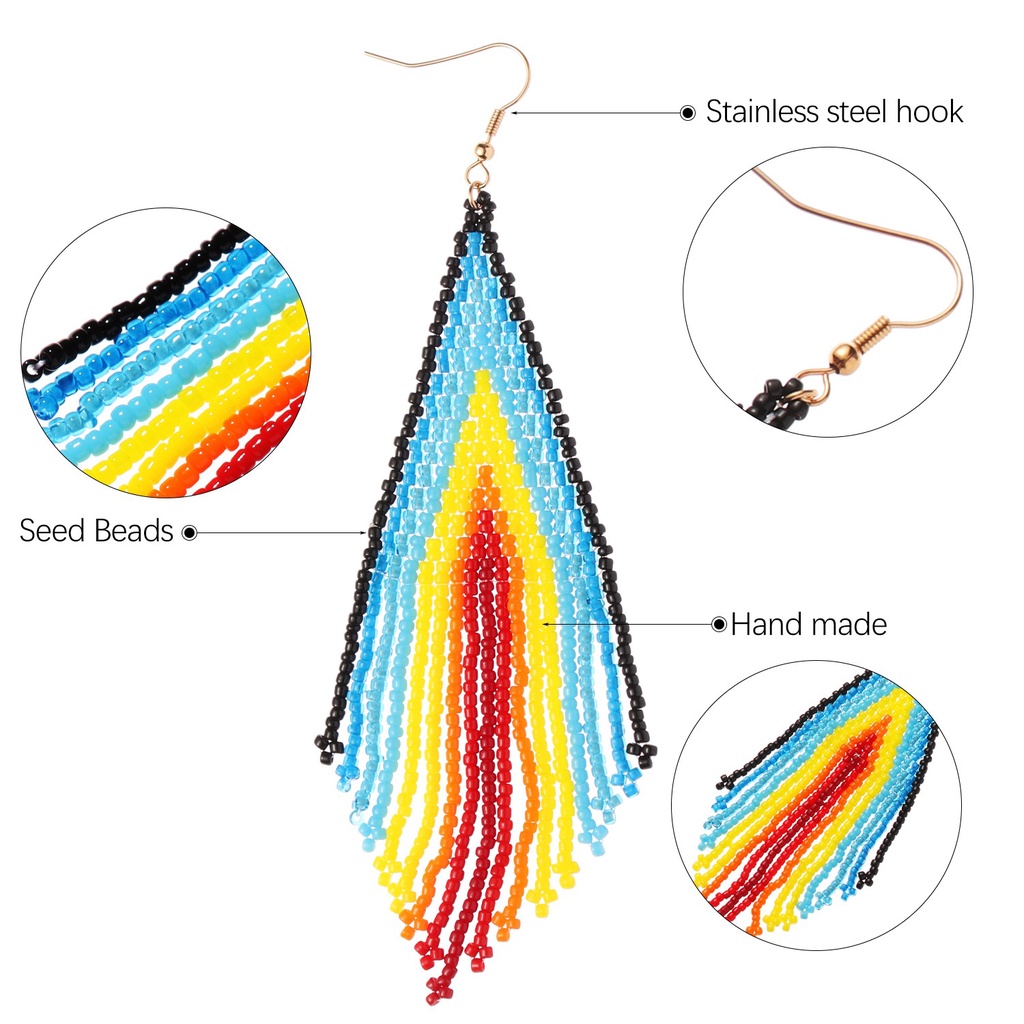 💎OKDEALS💎 Women Bohemian Folk Style Retro Tassel Long Earring Gift Fringe Dangle Long Beaded Party Bead Tribal Weave Individual package Handmade/Multicolor