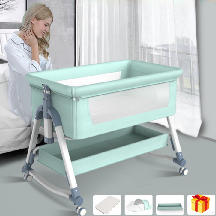 Nôi cho bé gấp gọn ghép cạnh giường ba mẹ, 5 mức nâng hạ, lắc lư ru ngủ.Nôi em bé kèm nệm, màn, bánh xe mới nhất 2022