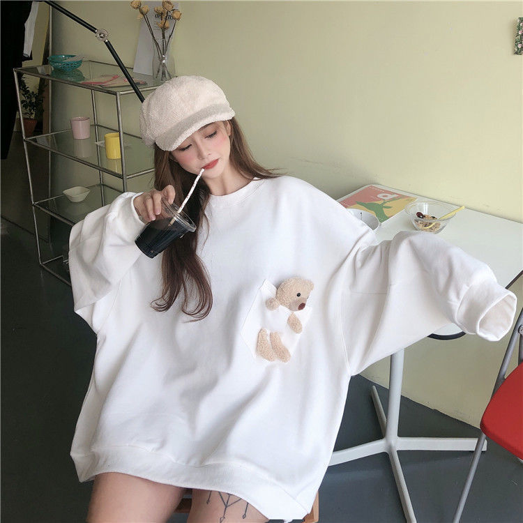 Áo len tay dài cổ tròn trang trí chú gấu dễ thương thời trang mùa thu 2020 phong cách Hàn Quốc dành cho bạn nữ