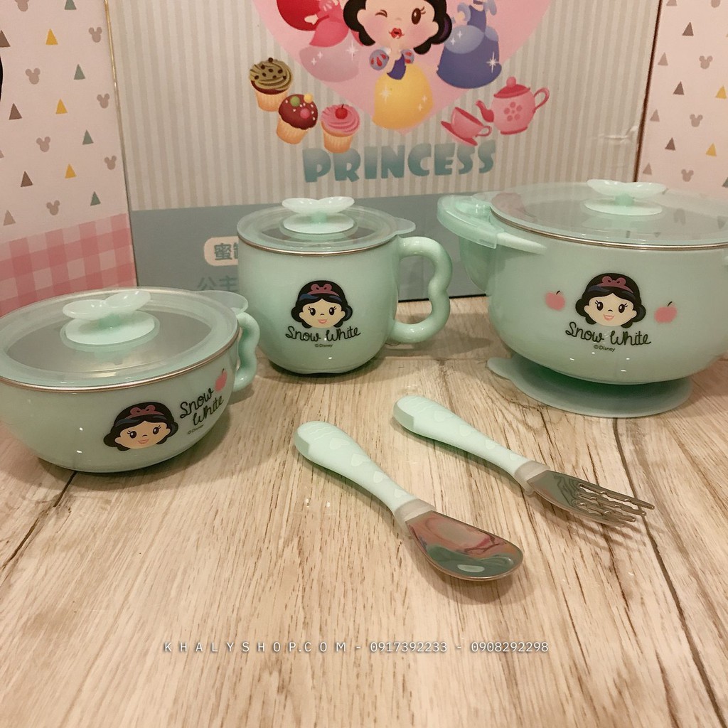 Set 5 món tô, chén muỗng, nĩa và ly có quai cầm inox giữ nhiệt hình công chúa Snow White màu xanh mint siêu hot