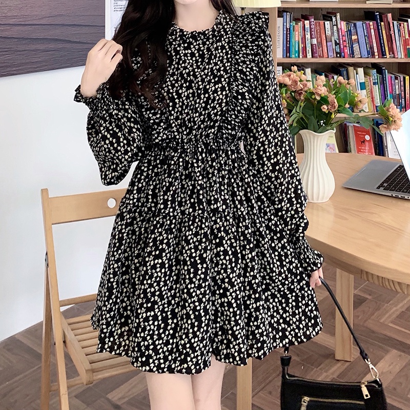 Đầm kiểu Perty tay dài in họa tiết phong cách Hàn Quốc thời trang cho nữ