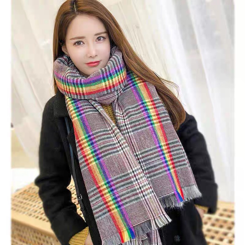 Khăn choàng quàng cổ nữ họa tiết Cầu Vồng chất len cao cấp mùa đông kẻ 2 mặt phong cách mới lạ cá tính KL10