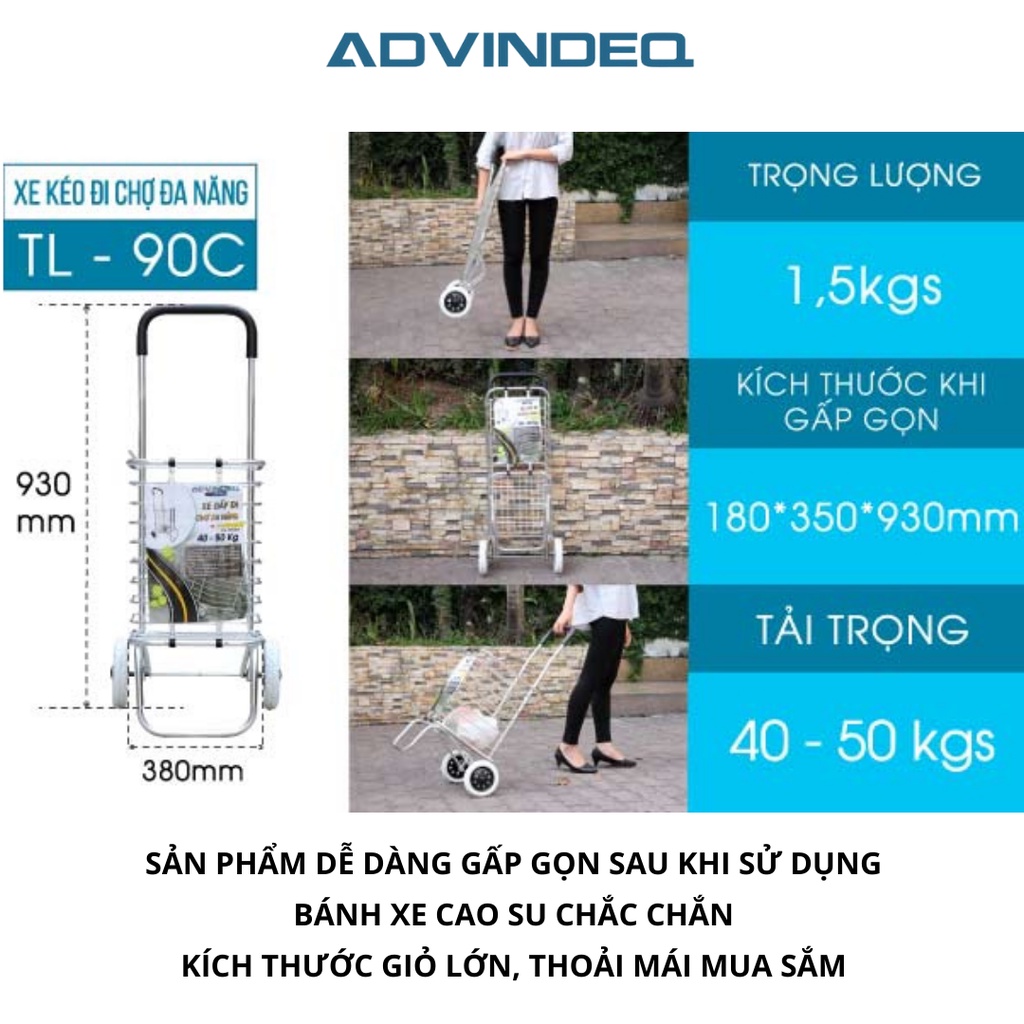 Xe kéo đi chợ  ADVINDEQ TL-90C nhập khẩu, tiện lợi khi leo cầu thang bảo hàng chính hãng 12 tháng toàn quốc