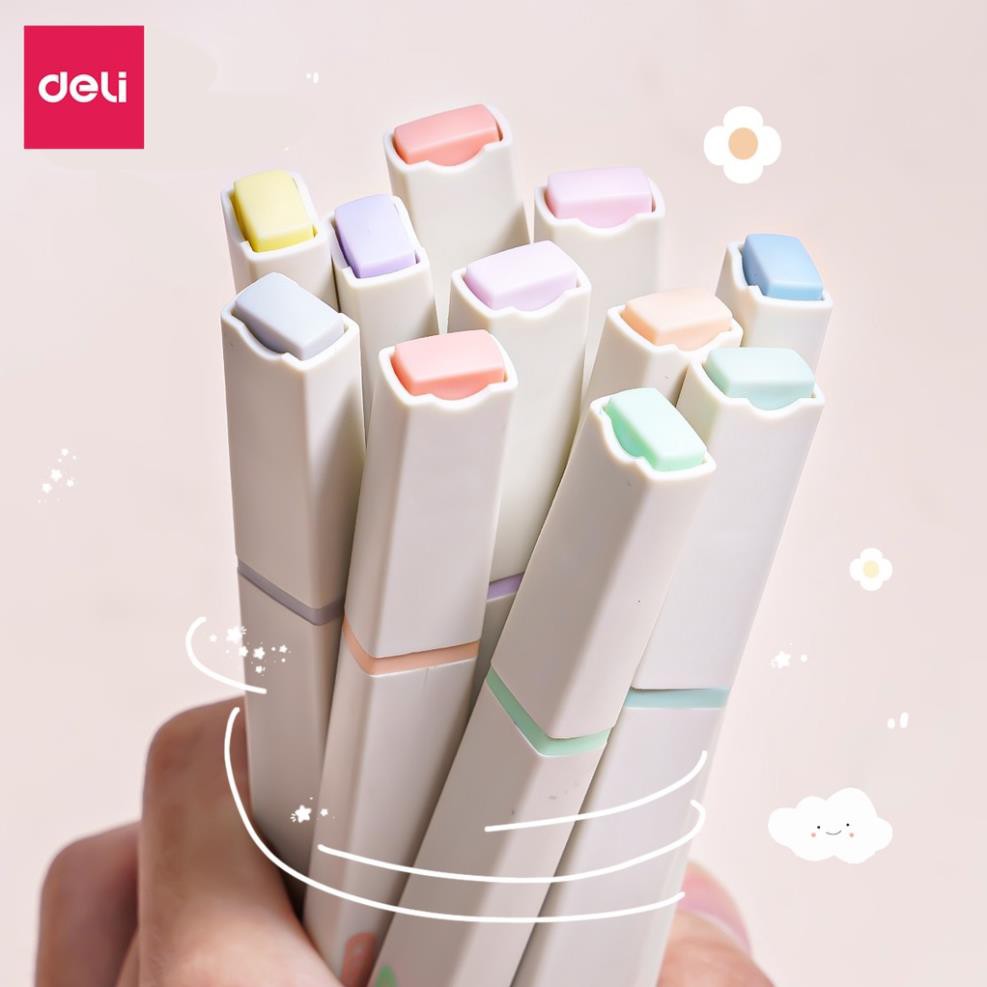 Bút highlight pastel, bút ghi nhớ nhấn dòng dạ quang tặng stiker Macaron Deli hộp 6 chiếc - S743 / S742 / S741