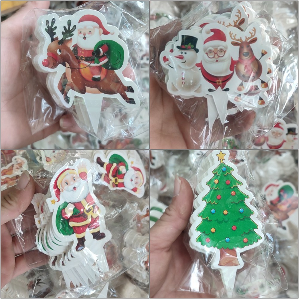 Túi 50 thẻ giấy trang trí bánh sinh nhật chủ đề Noel (in 2 mặt), trang trí bánh giáng sinh