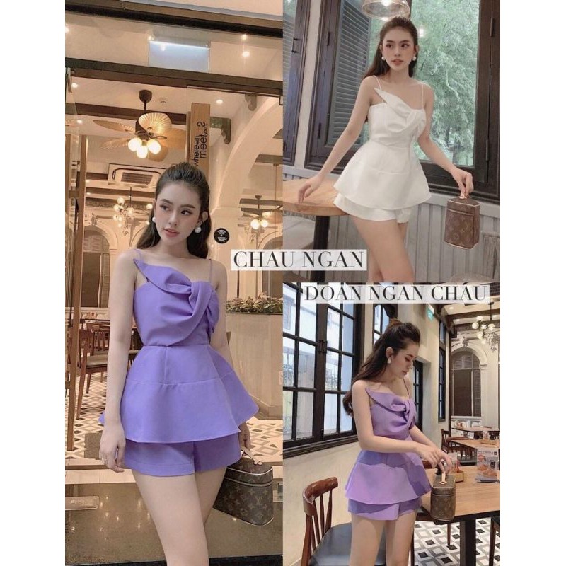 Set áo peplum hai dây xoắn nơ và quần đùi dễ thương