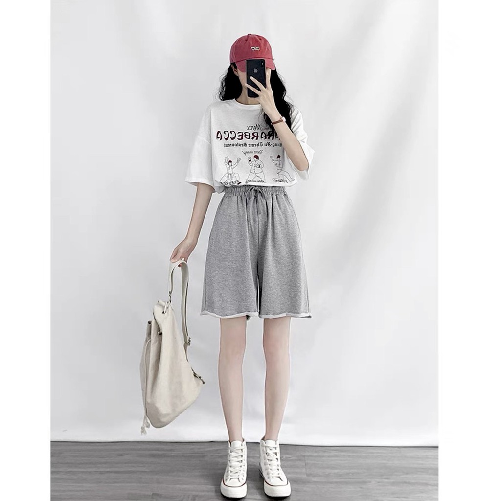 Set quần đùi xám kèm áo thun Menu nữ - Bộ đồ short ống rộng, phông tay lỡ oversize in hình cá tính Ulzzang SIÊU ĐẸP