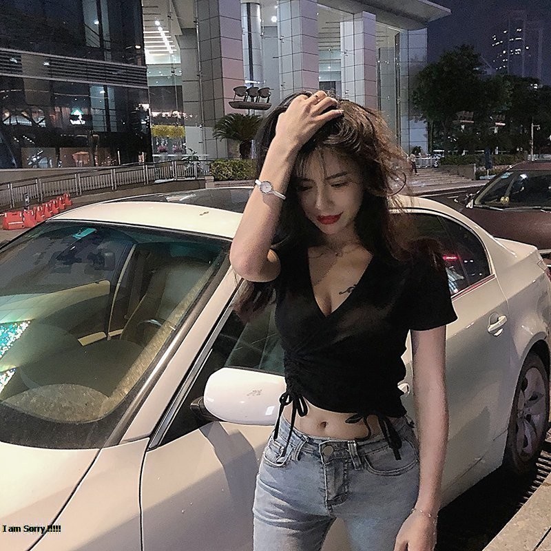 Áo Croptop Chéo Ngực Dây Rút Áo Croptop Nữ Ngắn Tay Dây Rút Eo Ôm Body Freesize