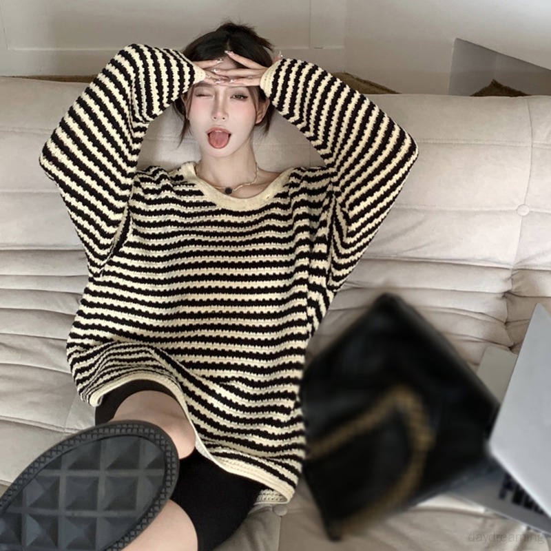 Áo Sweater Tay Dài Cổ Tròn Dáng Rộng Họa Tiết Kẻ Sọc Thời Trang Hàn Quốc Xinh Xắn Cho Nữ