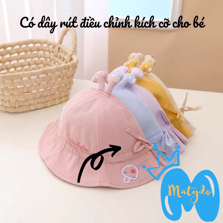 Mũ cho bé gái bé trai nón vành tròn họa tiết nấm có dây rút điều chỉnh phụ kiện trẻ em từ 0-3 tuổi