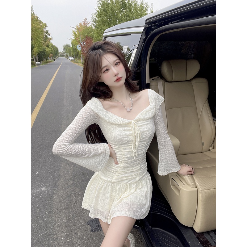 Đầm Nữ Dài Tay Cổ Chữ V Nhún Bèo Phong Cách Mới