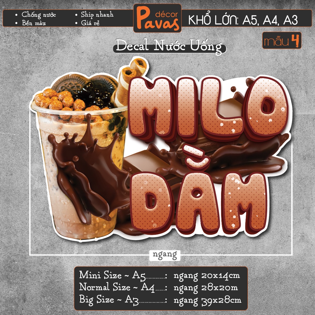 Decal Milo Dằm, Sinh Tố, Soda, Oreo Đá Xay chống nước trang trí dán quán trà sữa, cà phê, quán ăn, dán tường, tủ. TTQ03