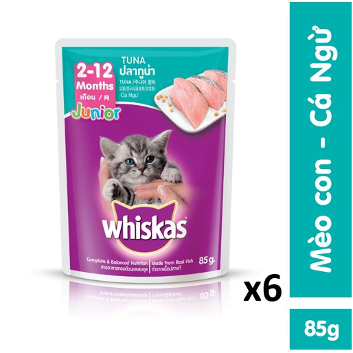Bộ 6 túi thức ăn mèo con Whiskas vị cá ngừ 85g