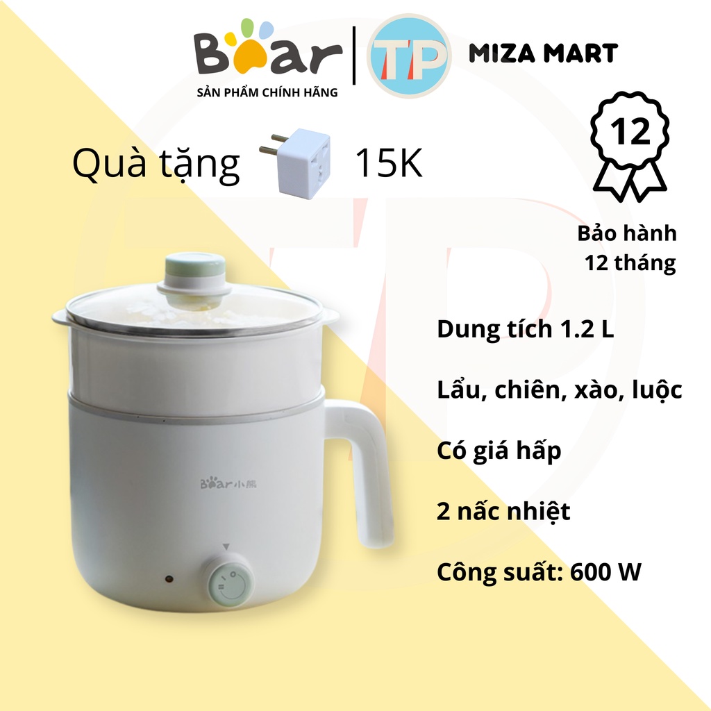 Nồi điện đa năng Bear DRG-E12W2, dung tích 1.2L, dùng để nấu lẩu, chiên, xào, hấp, luộc