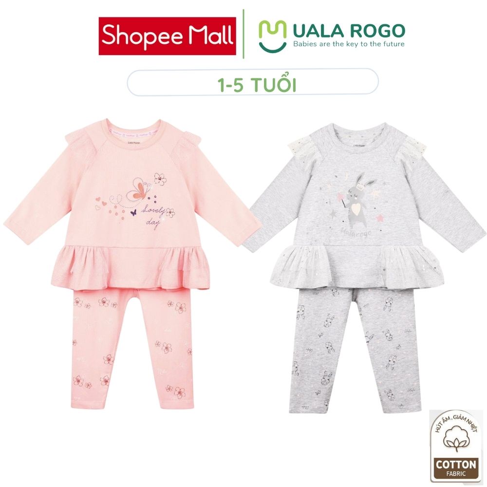 Bộ thu đông cho bé Uala rogo 1-5 tuổi cotton dài tay đuôi bèo cho bé gái giữ ấm UR3899