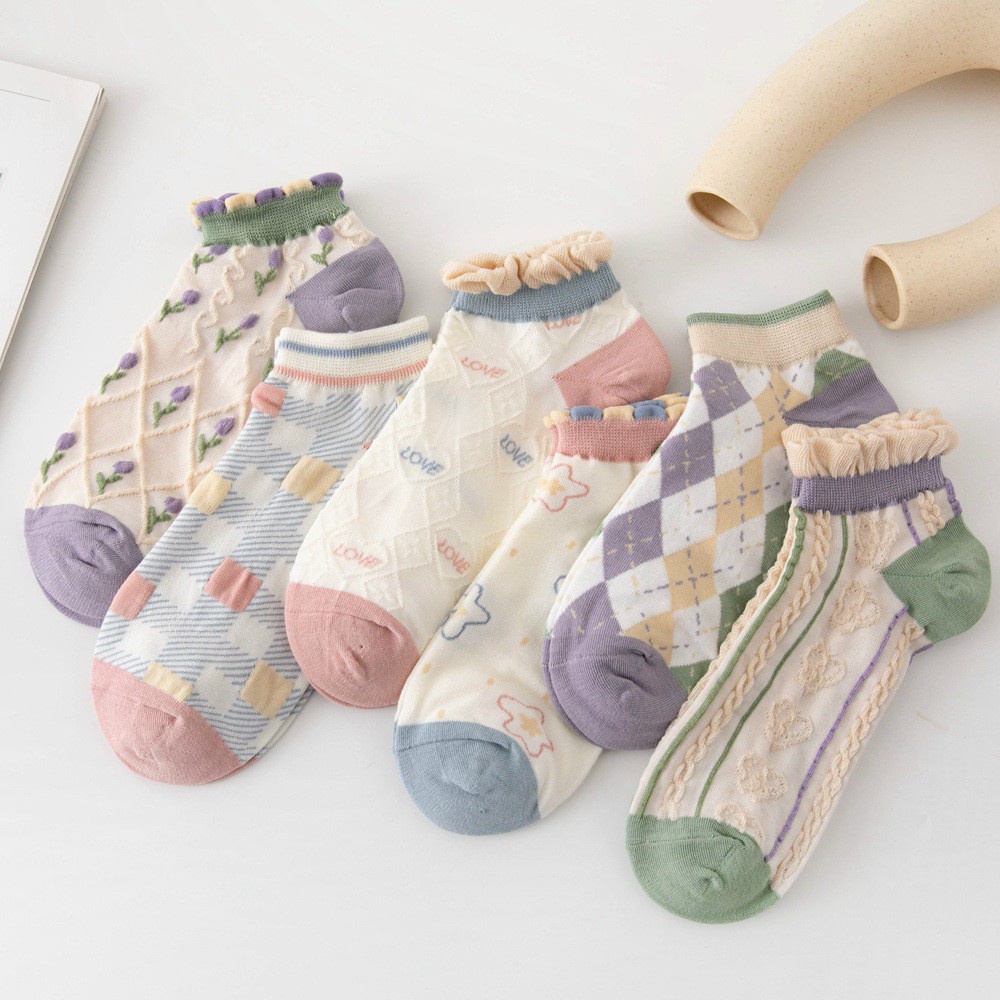 Tất cổ ngắn nữ, vớ nữ cổ bèo họa tiết xinh xắn chất vải cotton co giãn bốn chiều thoáng khí set 5 đôi