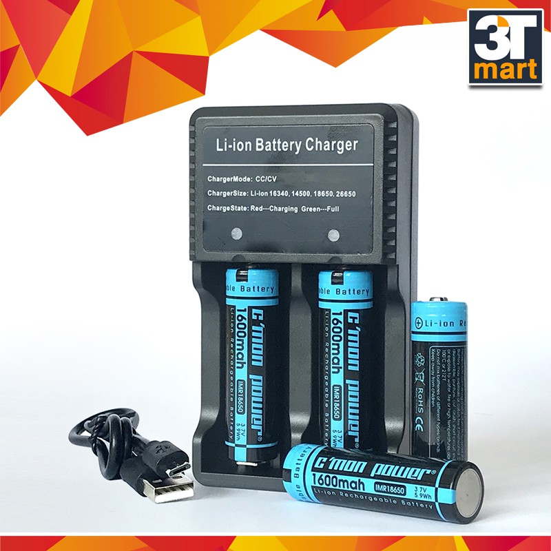 Bộ sạc đôi USB nhanh (1A) + 4 pin sạc li-ion 18650 C'MON POWER 1600mAh 3.7V (chuyên dùng cho đèn pin - xanh dương)