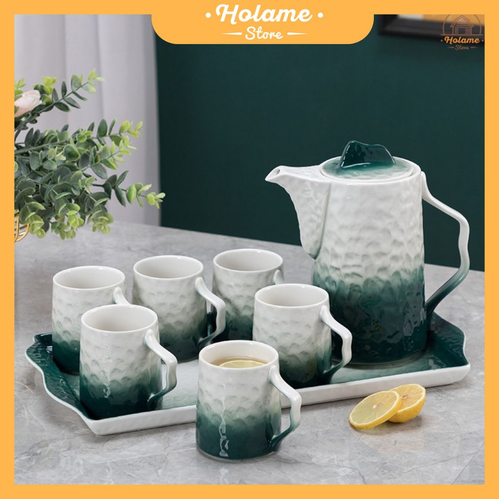 Bộ bình cốc, sét bình nước 6 cốc sứ kèm khay sứ sần cao cấp dùng uống trà nước