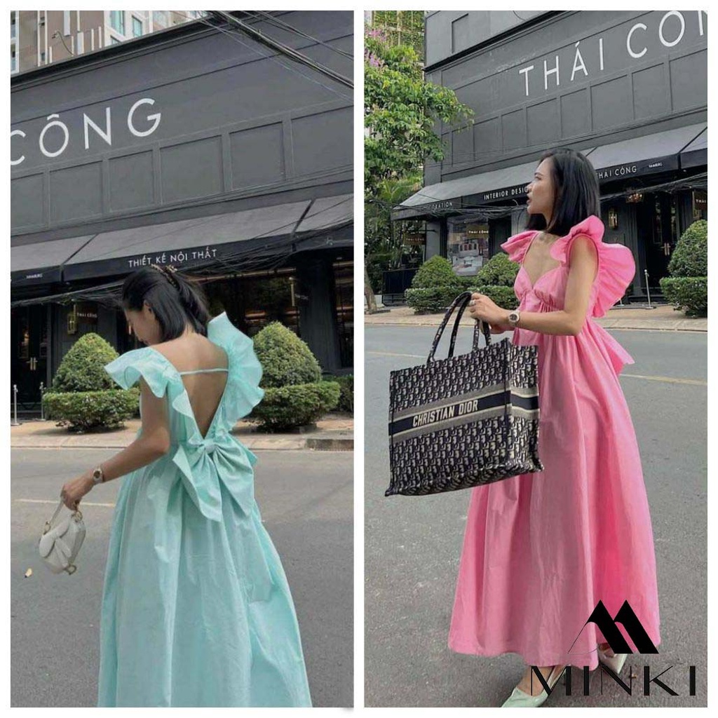 ĐẦM MAXI NƠ TAY CÁNH TIÊN HỞ LƯNG - CHẤT LIỆU CAO CẤP - MÀU XANH BABY / HỒNG BABY