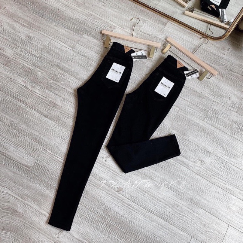 Quần jeans đen trơn co dãn cạp cao kèm ảnh thật
