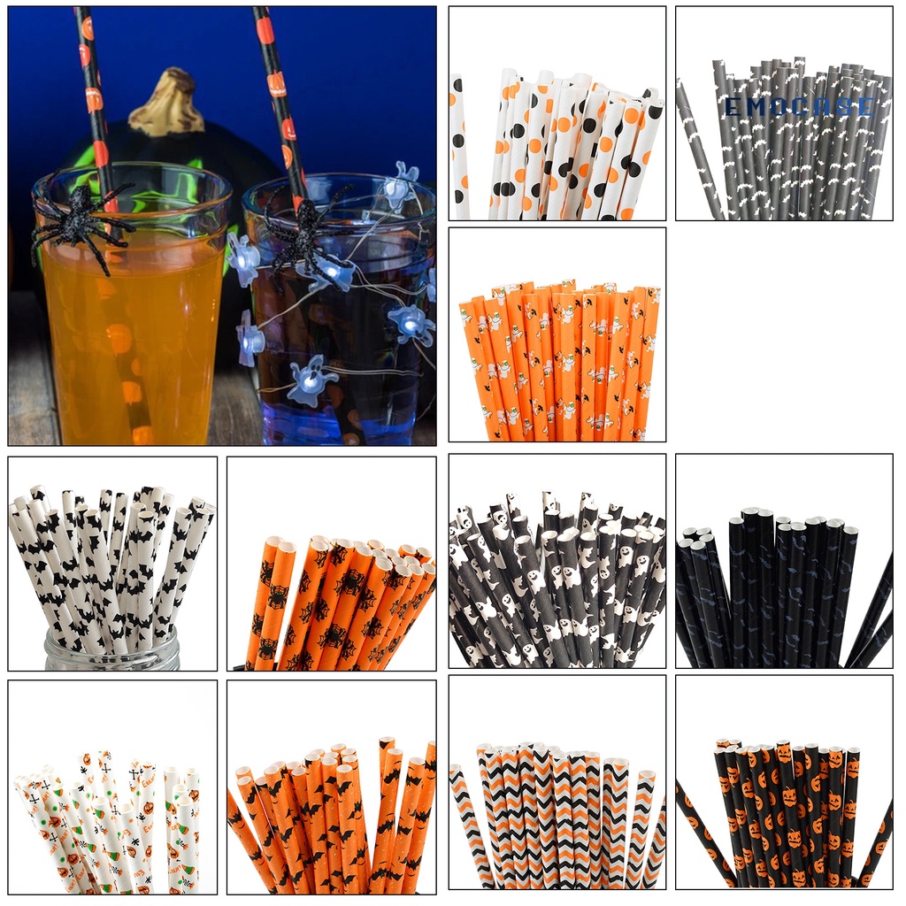 50 Ống Hút Giấy Dùng Một Lần Họa Tiết Halloween Bắt Mắt Tiện Dụng