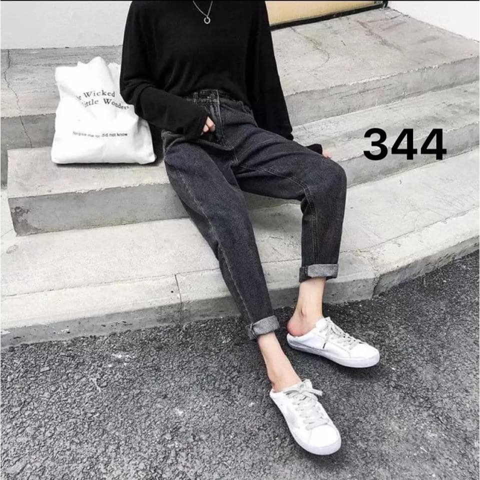 Quần Jean Baggy Nữ Chất Cotton Xám Đen Basic BC204