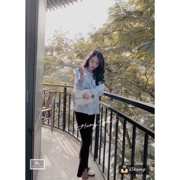 Áo Sơ Mi Cổ Bèo Kẻ Xanh Áo Kiểu Nữ Hàn Quốc Tay Phồng Bánh Bèo Tiểu Thư Form Rộng Cúc Ngọc Siêu Hot