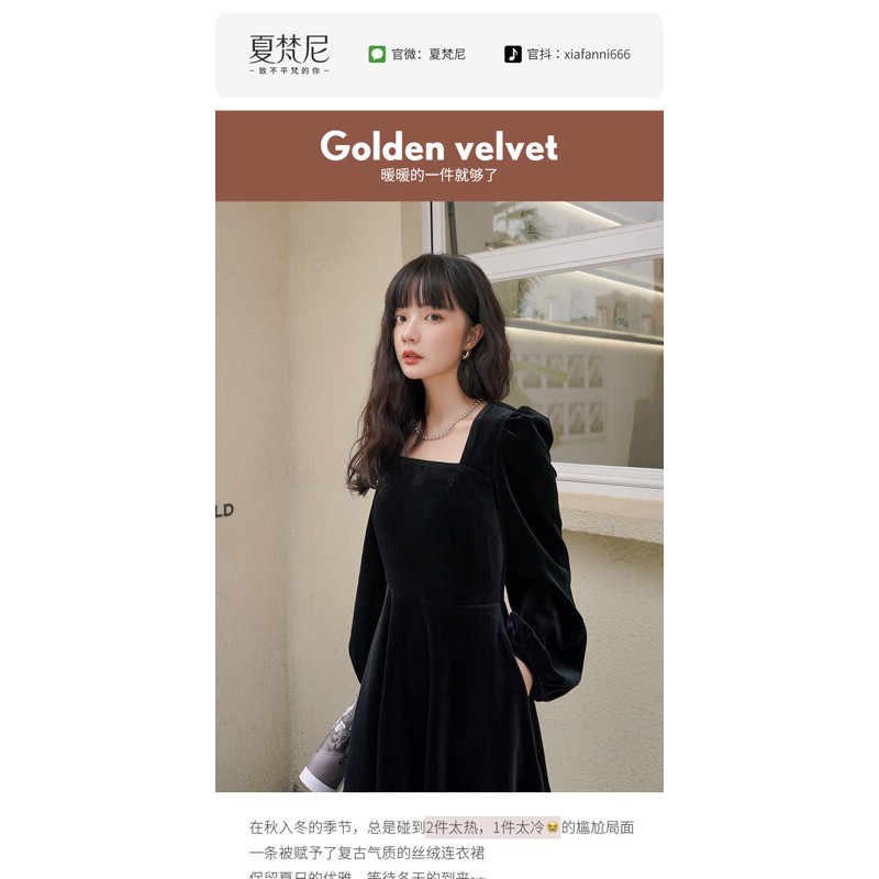 Váy dài nữ cổ vuông nhung Forgỉl váy xoè tiểu thư cao cấp tay phồng dáng dài qua gối | BigBuy360 - bigbuy360.vn