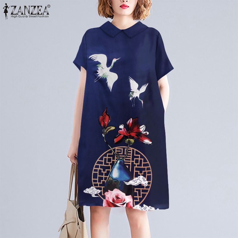Đầm midi ZANZEA ngắn tay cổ búp bê họa tiết thổ cẩm có túi phong cách retro thời trang dành cho nữ