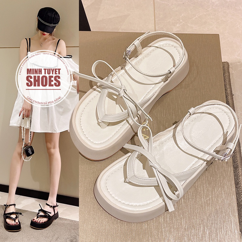 giày sandal nữ đế cao bánh mì 2,5cm-3cm kiểu kẹp ngón dây mảnh thắt nơ mẫu mới đi học đi biển