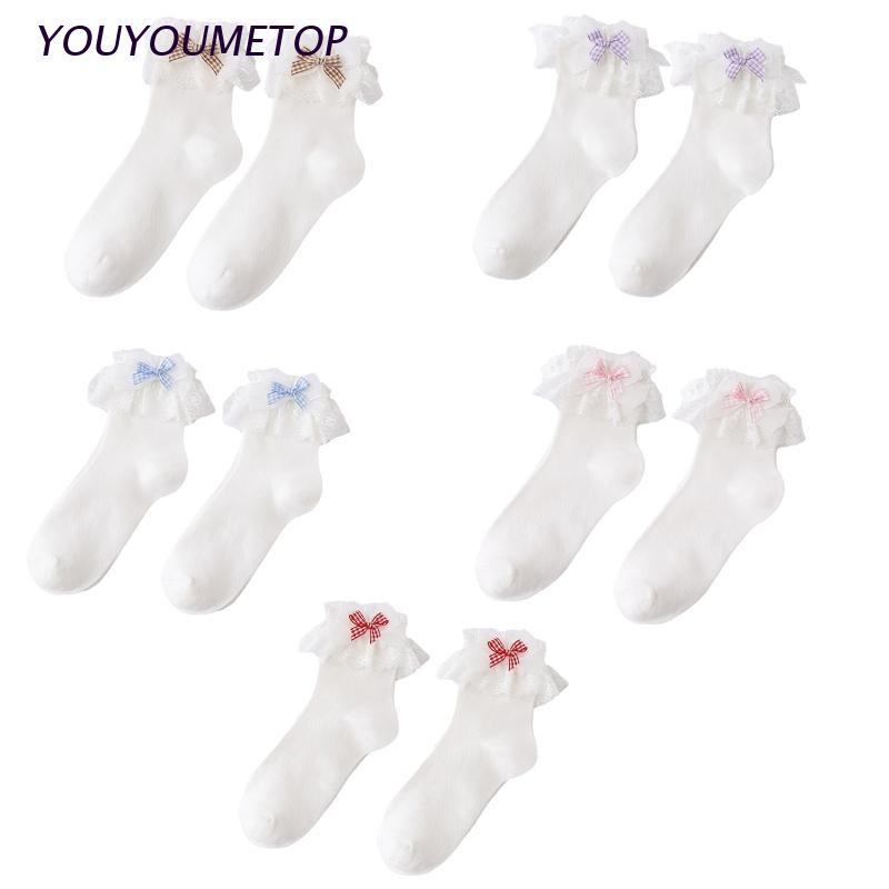 Vớ cotton phối ren đính nơ phong cách lolita dễ thương dành cho nữ