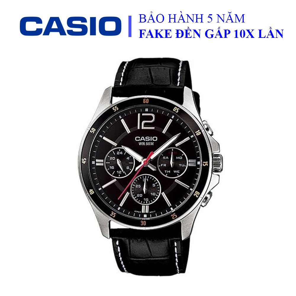 Đồng hồ Casio nam dây da thể thao, mặt đen viền bạc sang trọng, chống nước WR50M đi bơi (MTP-1374L-1AVDF)