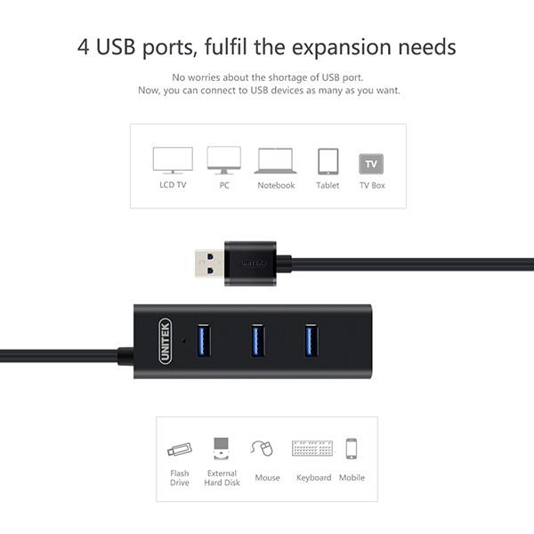 Hub Chia USB 4 Cổng Chuẩn 3.0 UNITEK Y-3089 - Hỗ trợ truyền data đến 5Gbps